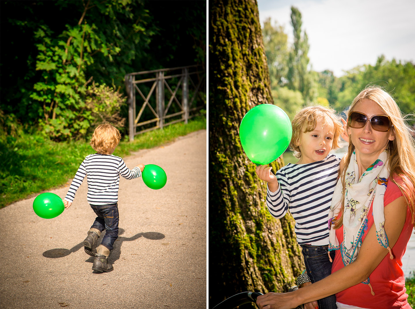 Mutter & Sohn & zwei grüne Ballons 